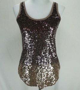 Express Sequin Tank Top Shirt Tan Gold Silver